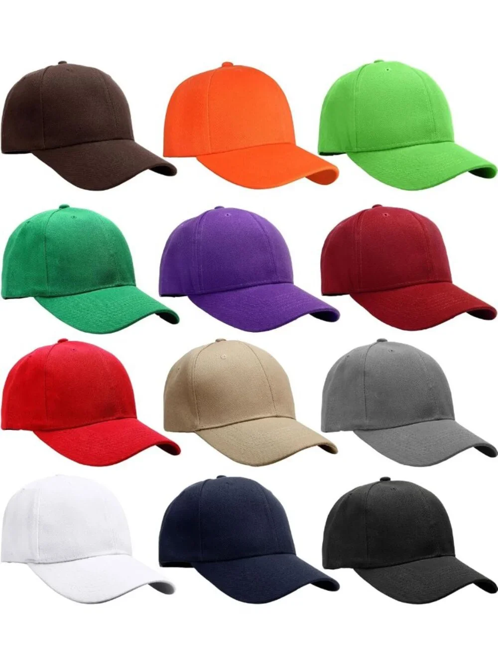 12-Pack Adjustable Baseball Caps - Plain Solid Color Bulk Lot for Customization